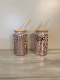 Rose Gold Leopard Coffee Glass | Coffee Glass with Bamboo Lid and Glass Straw | Beer Can Glass