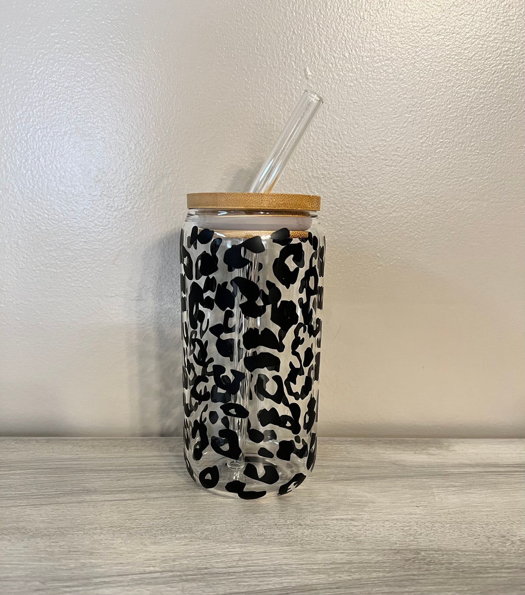 Leopard 16oz Glass Can WITH Bamboo Lid and Straw Iced Coffee 