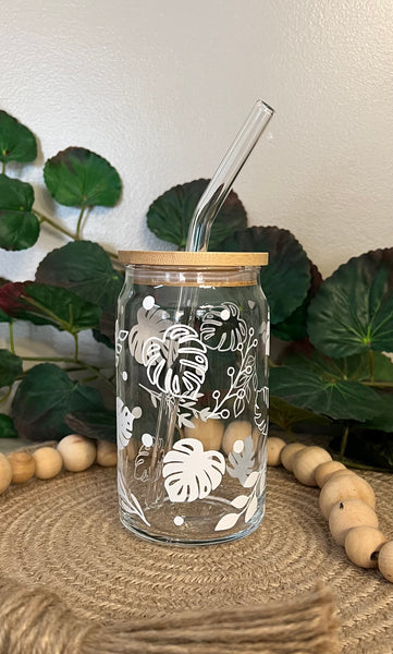 Tropical Plants Iced Coffee Glass | Coffee Glass with Bamboo Lid and Glass Straw | Beer Can Glass