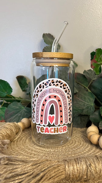 Teach Love Inspire Iced Coffee Glass | Coffee Glass with Bamboo Lid and Glass Straw | Beer Can Glass