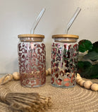 Rose Gold Leopard Coffee Glass | Coffee Glass with Bamboo Lid and Glass Straw | Beer Can Glass