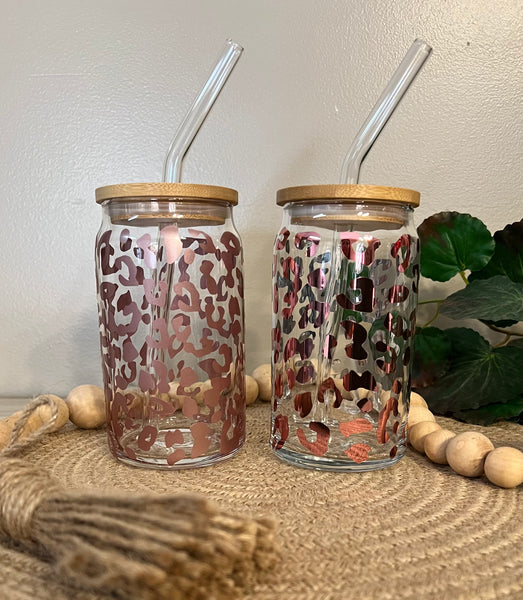 Rose Gold Leopard Coffee Glass Coffee Glass with Bamboo Lid and Glass Straw Beer Can Glass