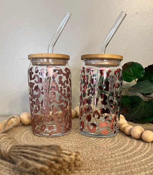 Rose Gold Leopard Coffee Glass | Coffee Glass with Bamboo Lid and Glass Straw | Beer Can Glass
