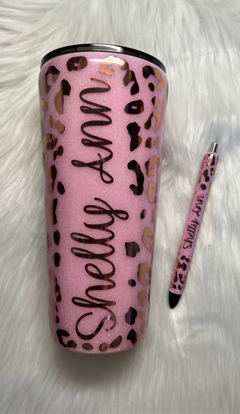 Light Pink/Rose Gold Leopard Tumbler & Pen Set, Custom Tumber
