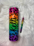Glitter Rainbow Leopard Tumbler & Pen Set | Custom Tumber | Personalized Tumbler
