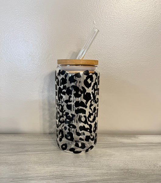 Leopard Coffee Glass | Coffee Glass with Bamboo Lid and Glass Straw | Beer Can Glass