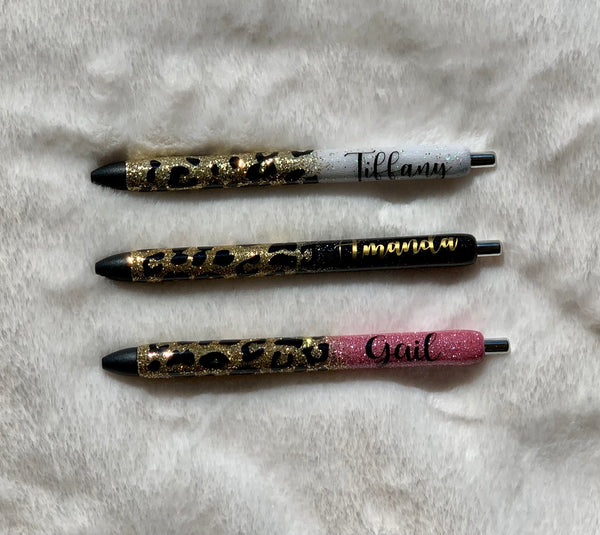 Personalized Gel Pens | Custom Epoxy Glitter Pens | Leopard Pen