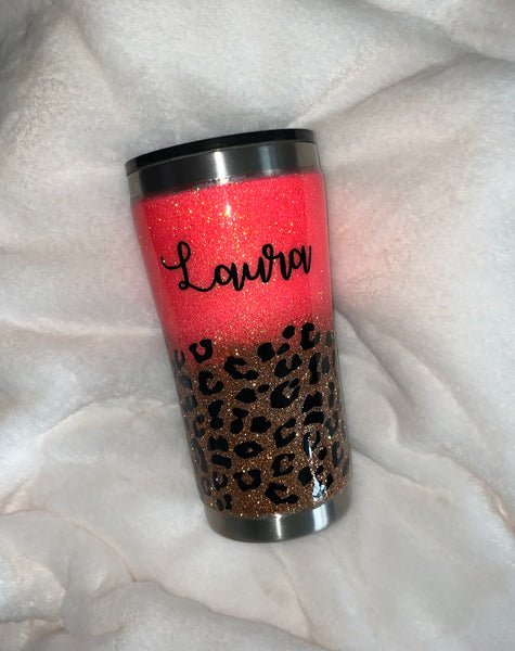 Glitter tumbler, hot coral and leopeard print glitter tumbler, leopard cup, leopard tumbler