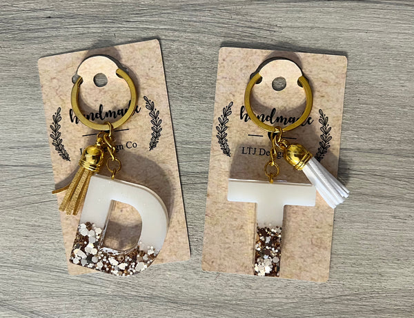Custom Handmade White & Gold Resin Letter Keychain | School Backpack Charm | Bridesmaid Gift